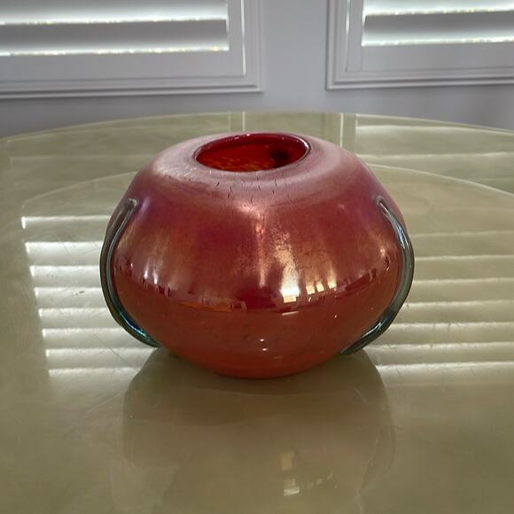Handmade Blown Glass Vase Bowl RedIridescent